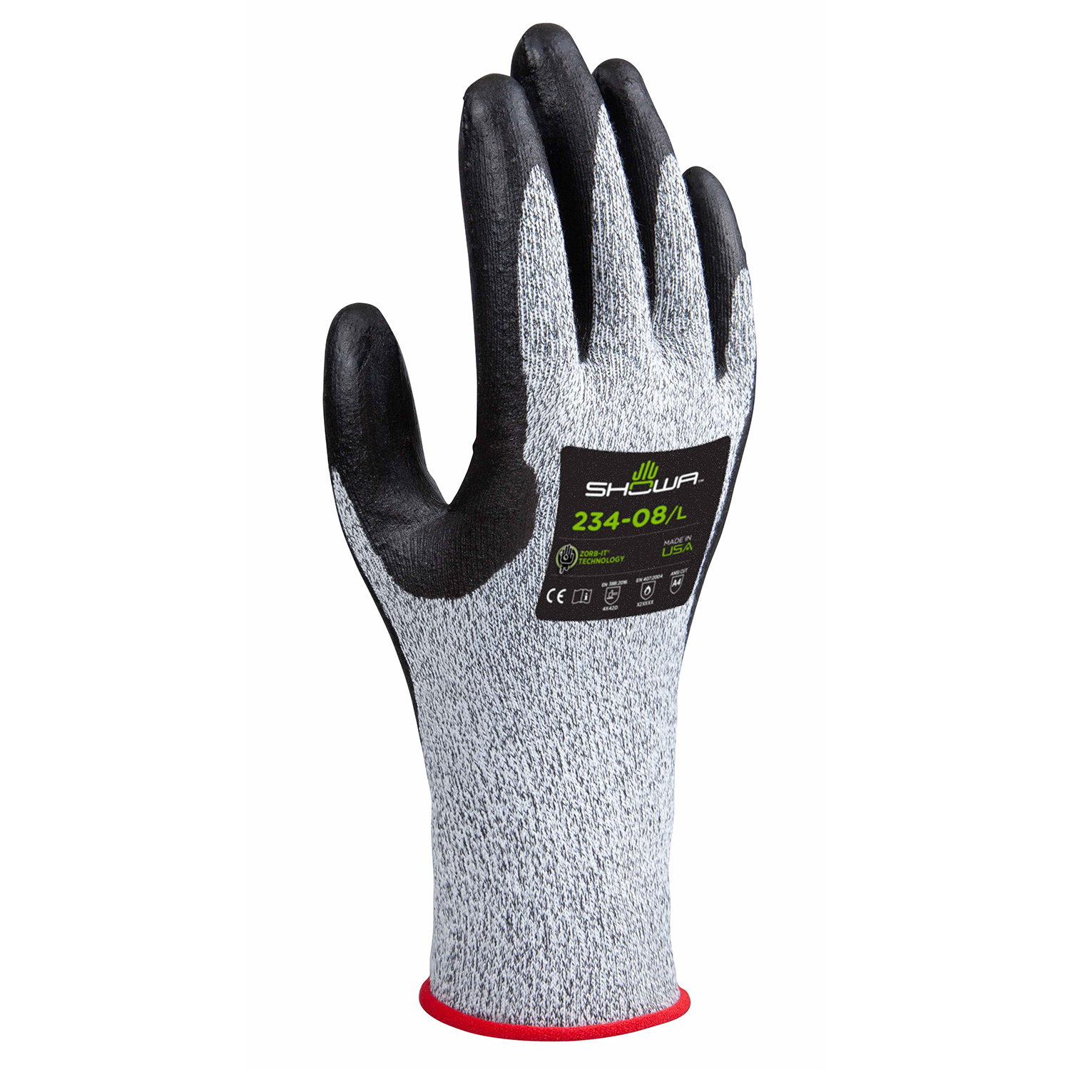 Foam nitrile palm, 15 gauge seamless spandex/engineered cut resistant liner reinforced w/HPPE,  black & white w/gray, ANSI CUT LEVEL A4/extra large