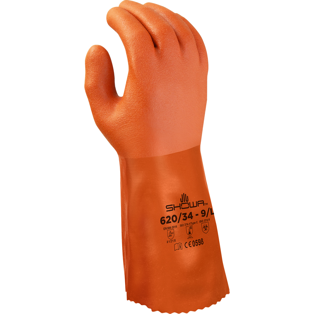 Chemical resistant PVC fully coated double dipped, seamless knitted liner, 12" length, orange, rough finish, extra large