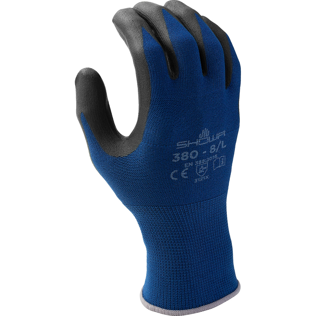 General purpose patented waffle pattern foamed nitrile-coated, palm dipped, blue w/black coating, 13 gauge seamless, knitted liner, medium