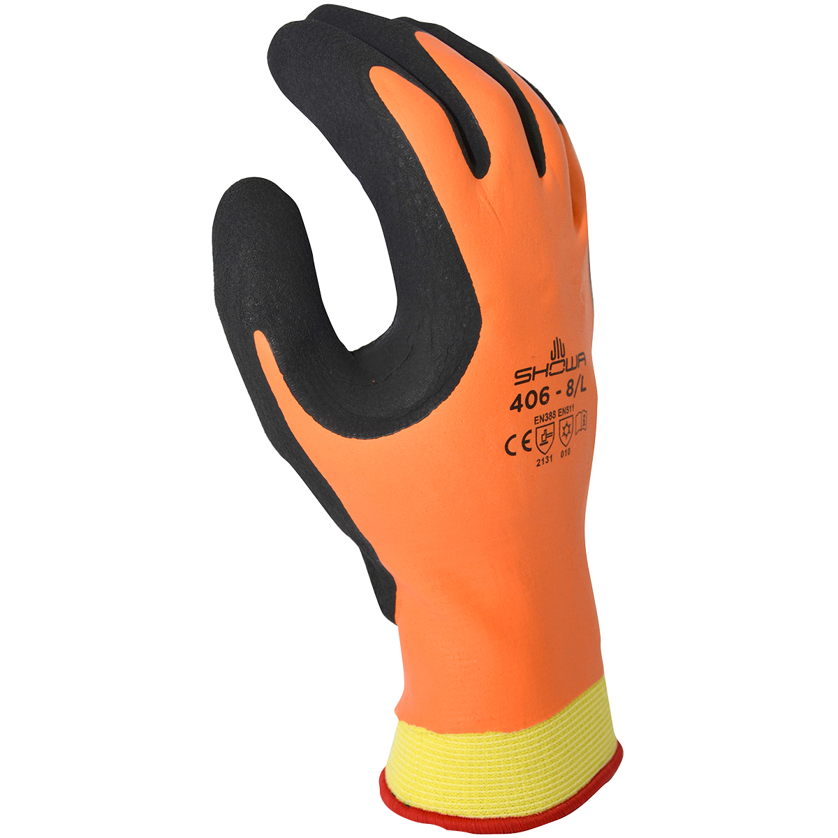 General purpose, dual natural rubber palm coating, acrylic nylon polyester insulated seamless liner, orange w/black coating, rough finish, extra extra large