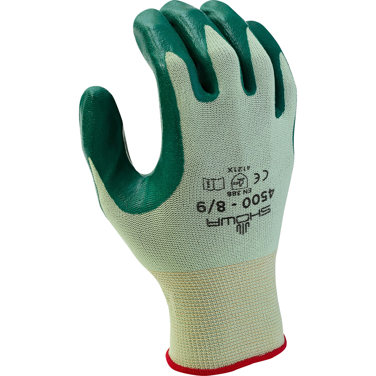 General purpose, nitrile-coated palm-dipped, light green w/green dip, nylon seamless shell, medium