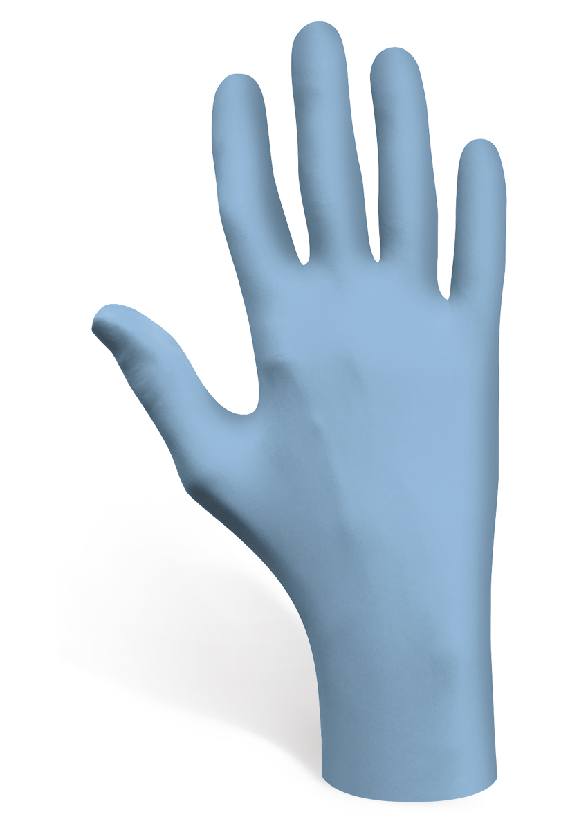 Disposable, powder-free, low-modulus 100%-nitrile, Silicone-free, bisque fingertips, 9-1/2", 4-mil, rolled cuff, blue/small