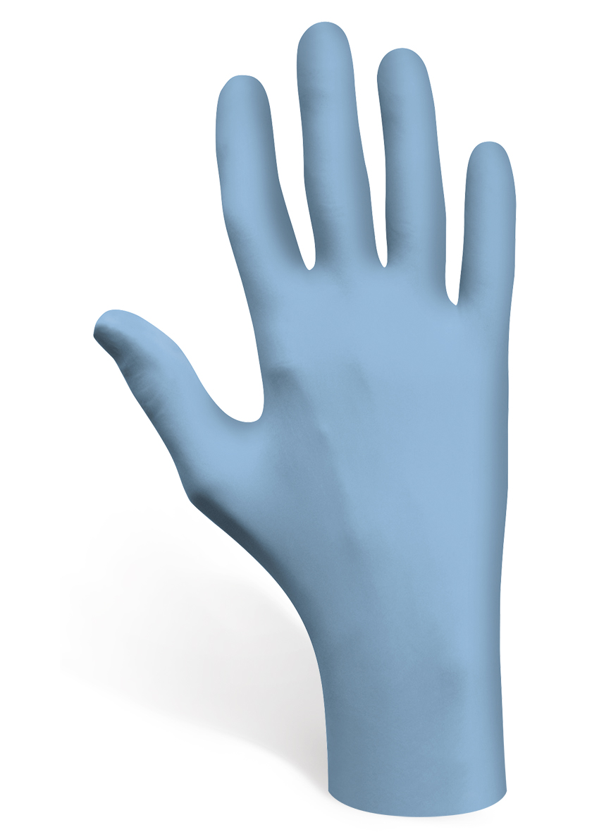 Disposable, powder-free, low-modulus 100%-nitrile, Silicone-free, bisque fingertips, 9-1/2", 4-mil, rolled cuff, blue/medium