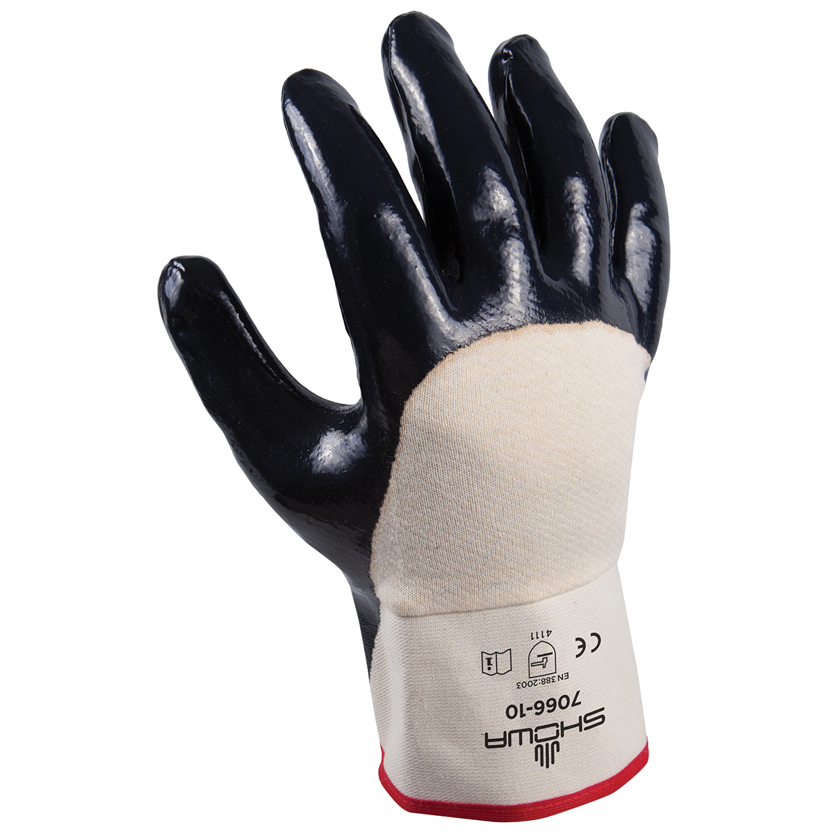 General purpose nitrile-coated, white w/navy dip, palm-coated rubberized safety cuff, large