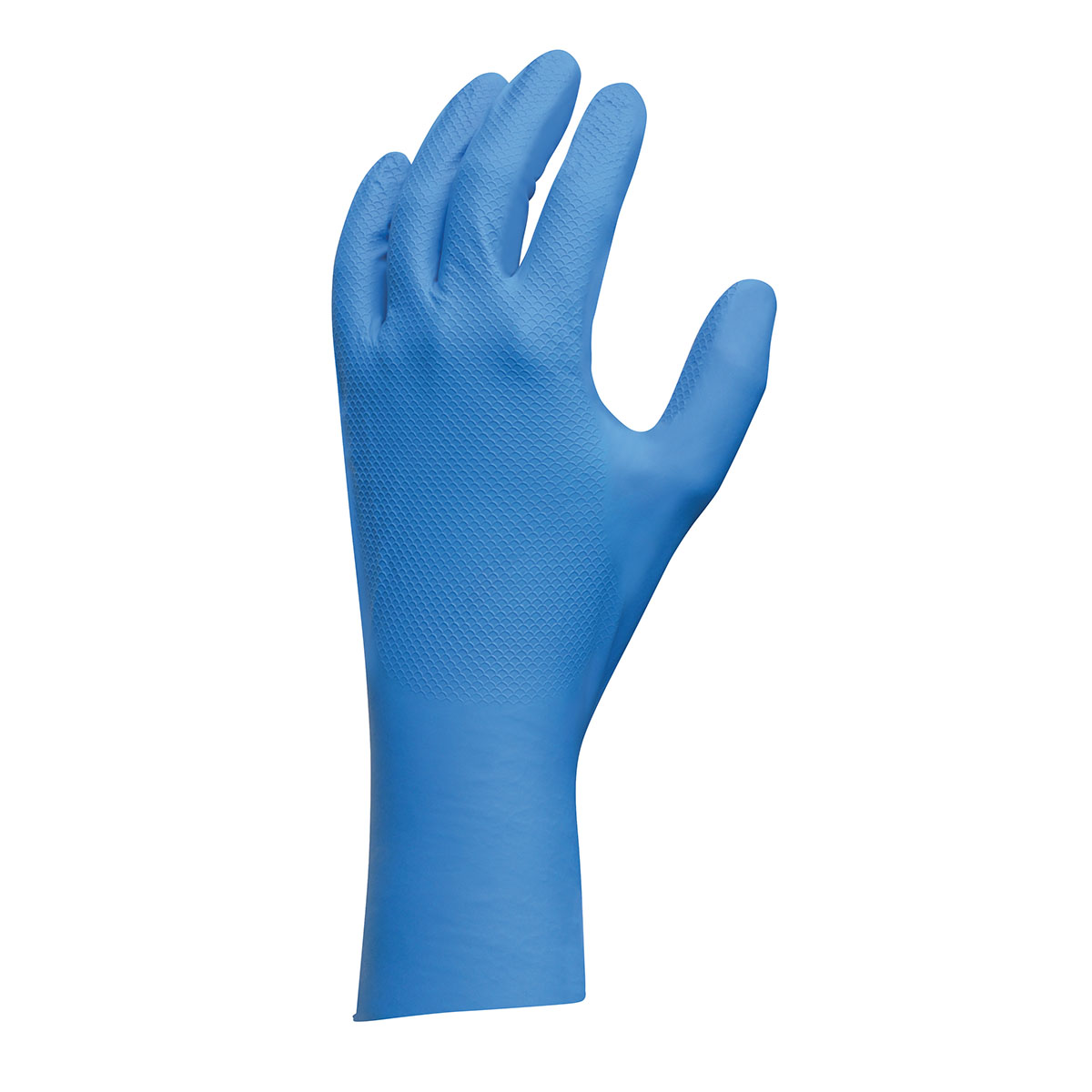 Chemical resistant unsupported nitrile, 12", 9-mil, fish scale grip, beaded cuff, ambidextrous, blue, unlined /medium