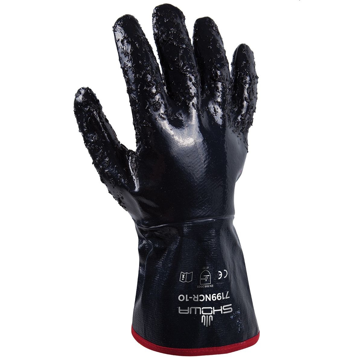 General purpose nitrile-coated, navy, fully coated with sewn-on 5" cuff, rough finish, large