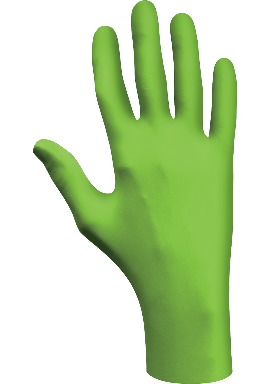 Disposable, powder-free, textured fingertips, accelerator free 100%-nitrile, 9-1/2", 4-mil, rolled cuff, green/extra large