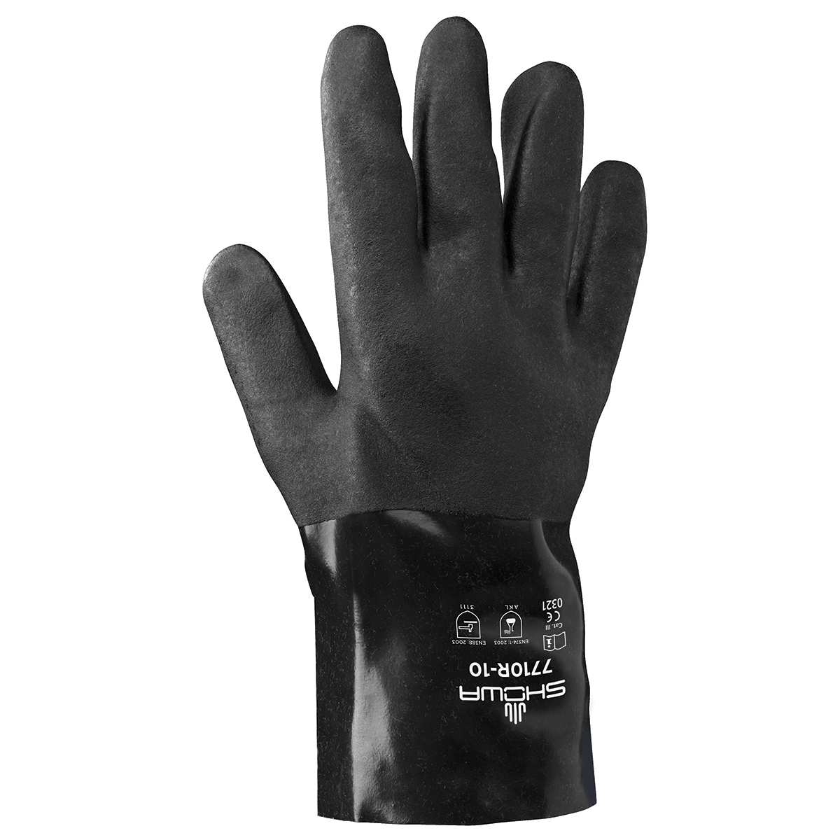 Chemical resistant PVC fully coated 10" gauntlet w/jersey liner, Sanitized, black, rough finish, large