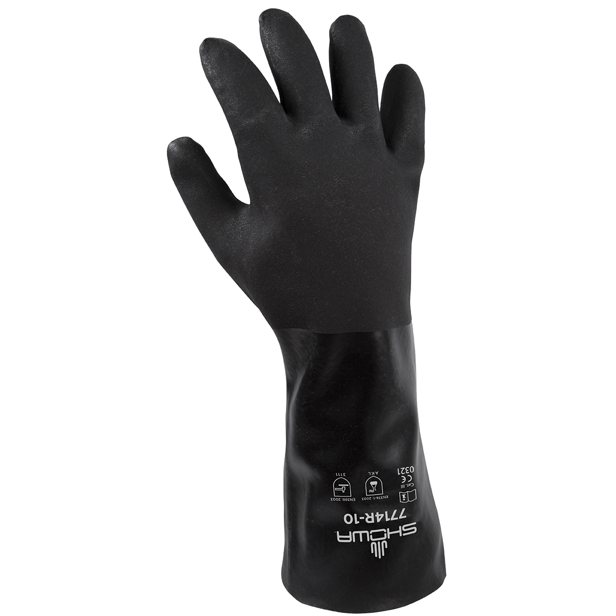 Chemical resistant PVC fully coated 14" gauntlet w/jersey liner,Santizied, black, rough finish, large