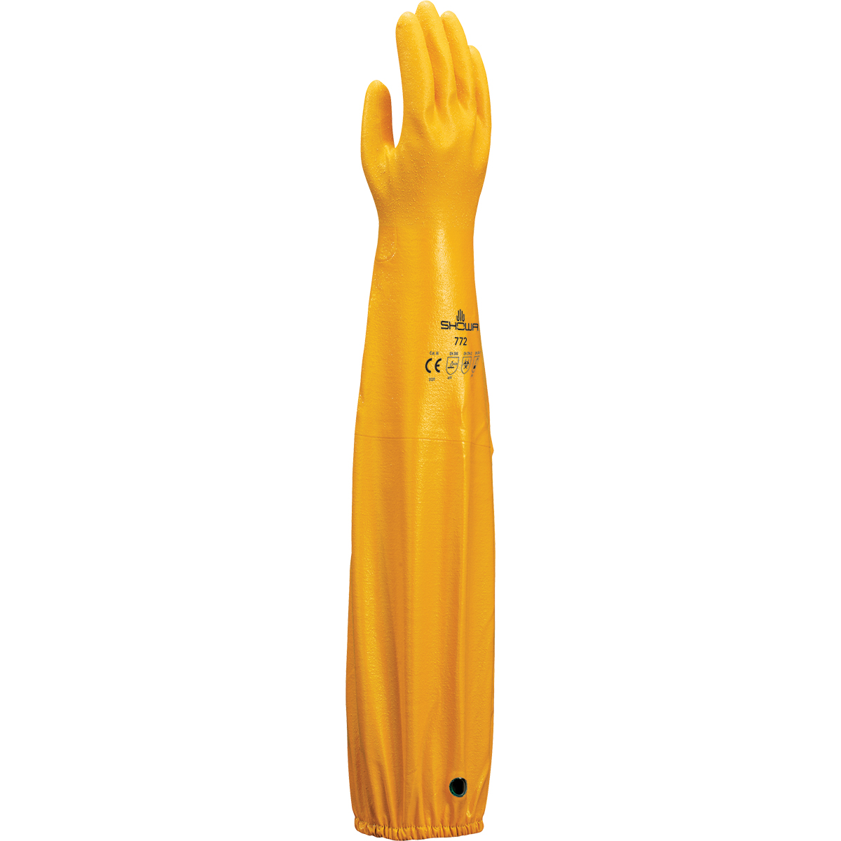 Chemical resistant nitrile, fully coated, double dipped, yellow, seamless knitted liner, 26" length, rough finish, medium