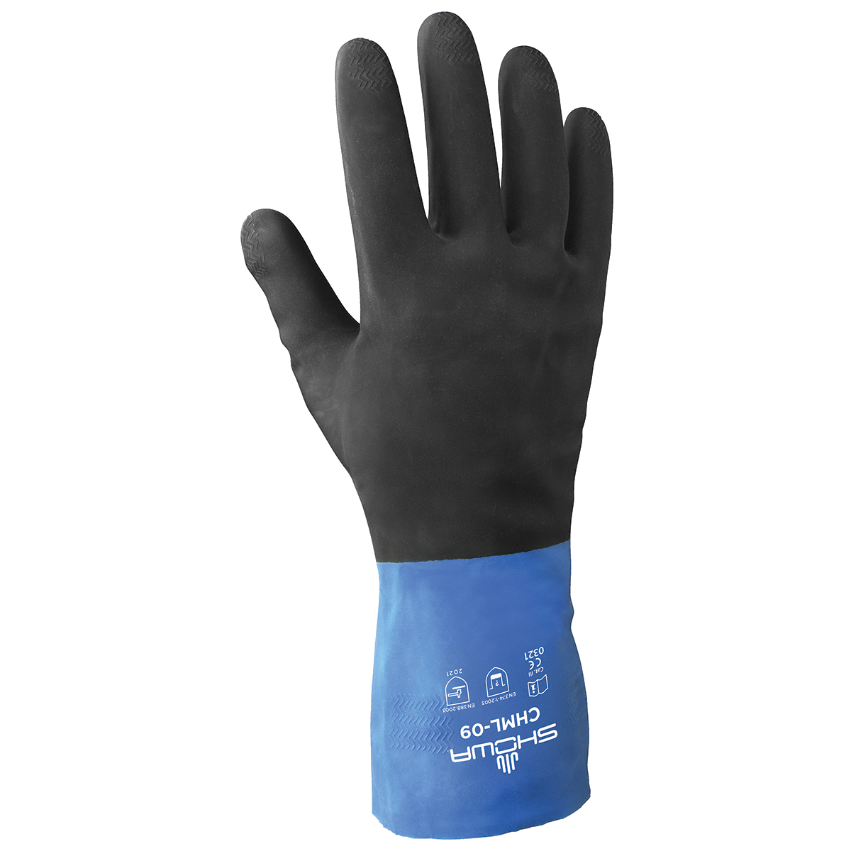Chemical resistant, neoprene-over-natural rubber latex, unsupported, 12", 26-mil, flock lined, black over blue safety feature, extra large