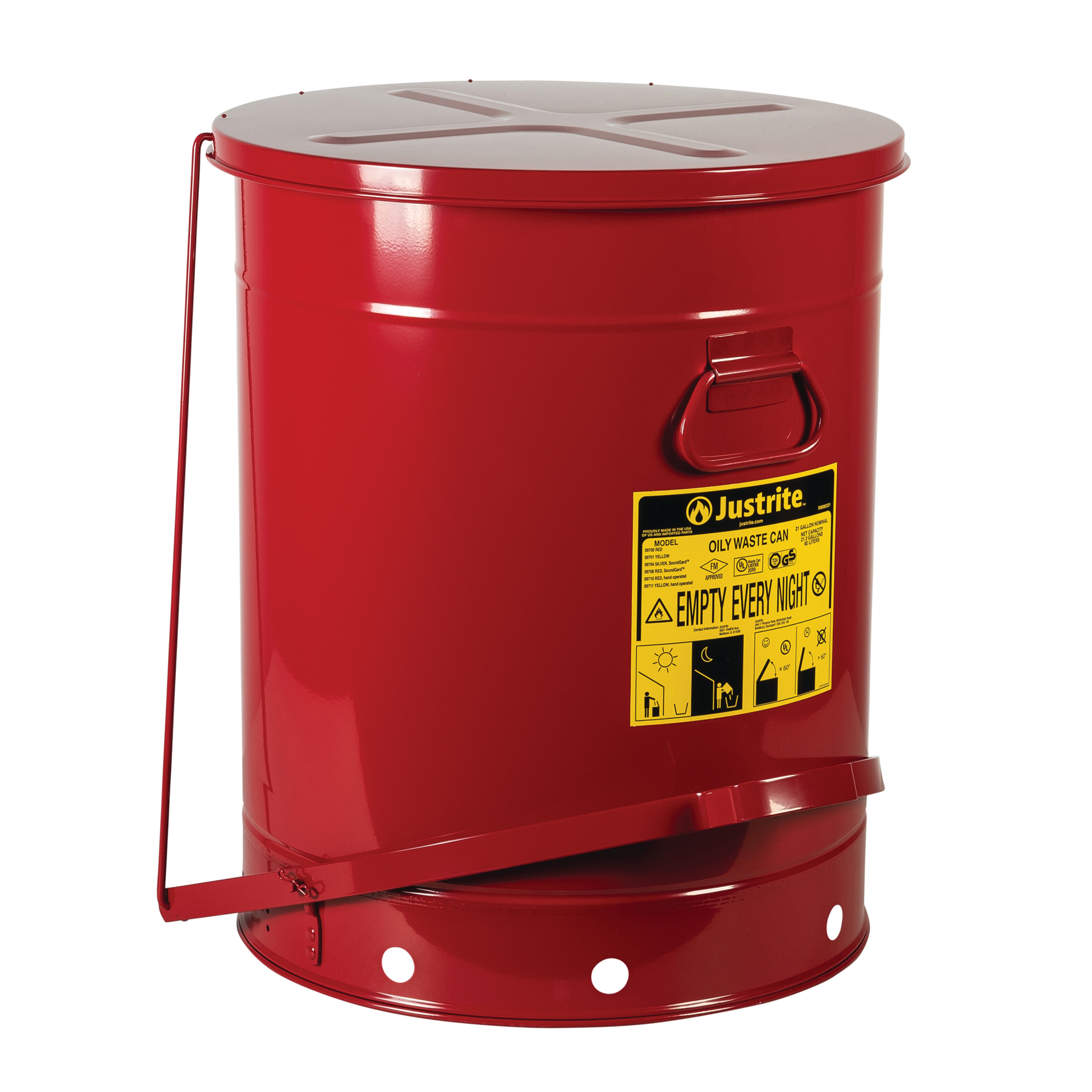 Justrite Oily Waste Cans - Red - Foot Operated