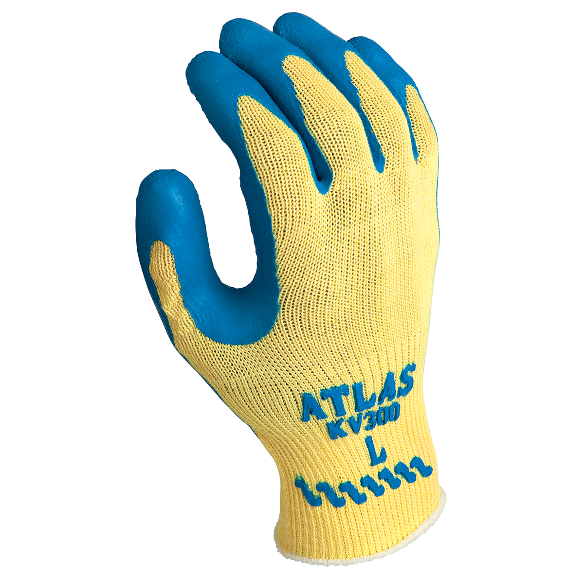 Cut resistant, natural rubber palm coating, yellow/blue coating,10 gauge seamless cut resistant Kevlar® liner, ergonomic shape, medium ANSI CUT LEVEL A3