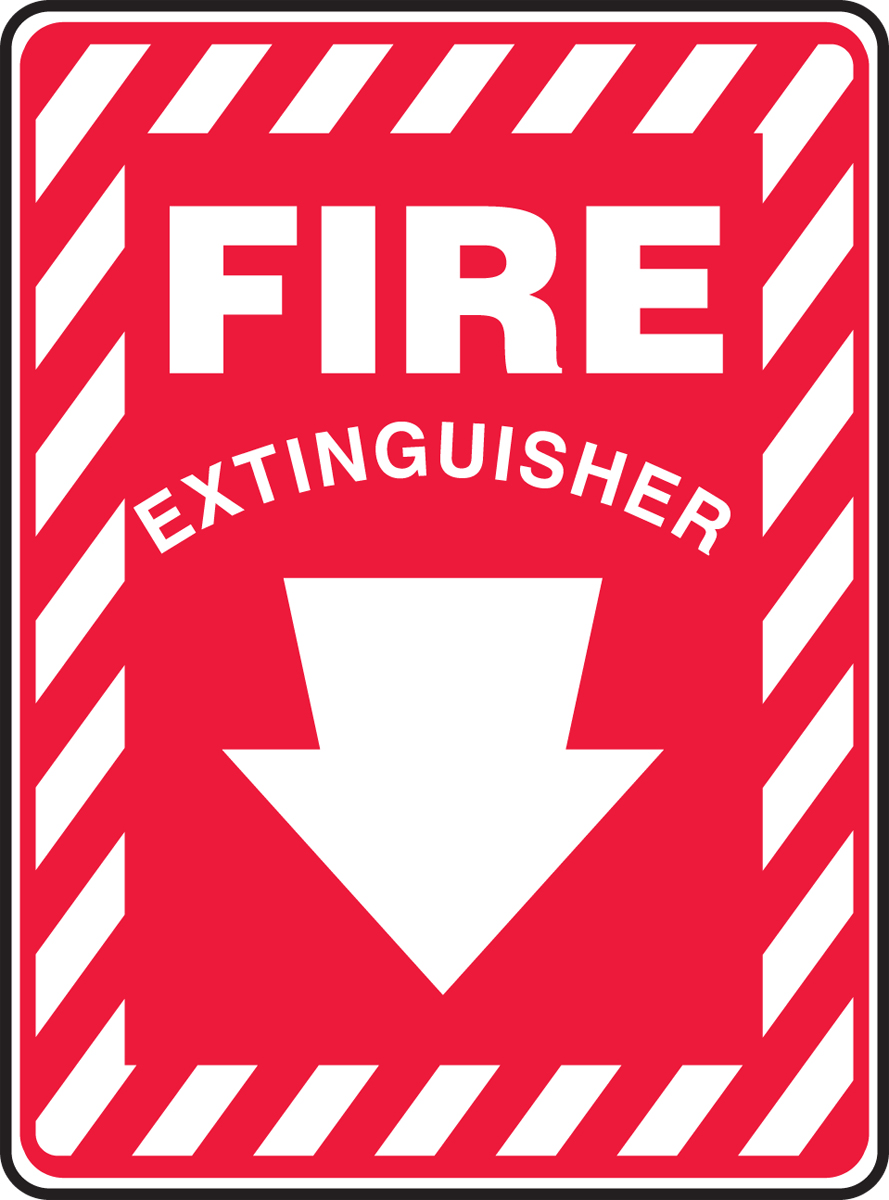 Safety Sign, FIRE EXTINGUISHER (Arrow), 14" x 10", Adhesive Poly