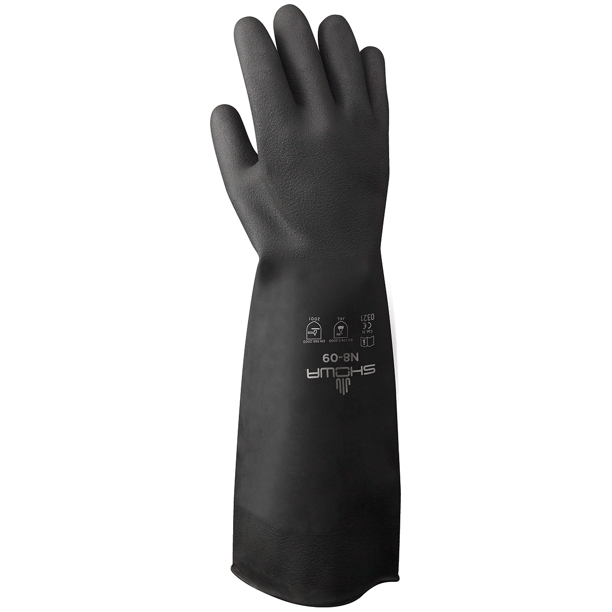 Chemical resistant unsupported neoprene, 18", 30-mil, black, unlined, textured grip, rolled cuff, large