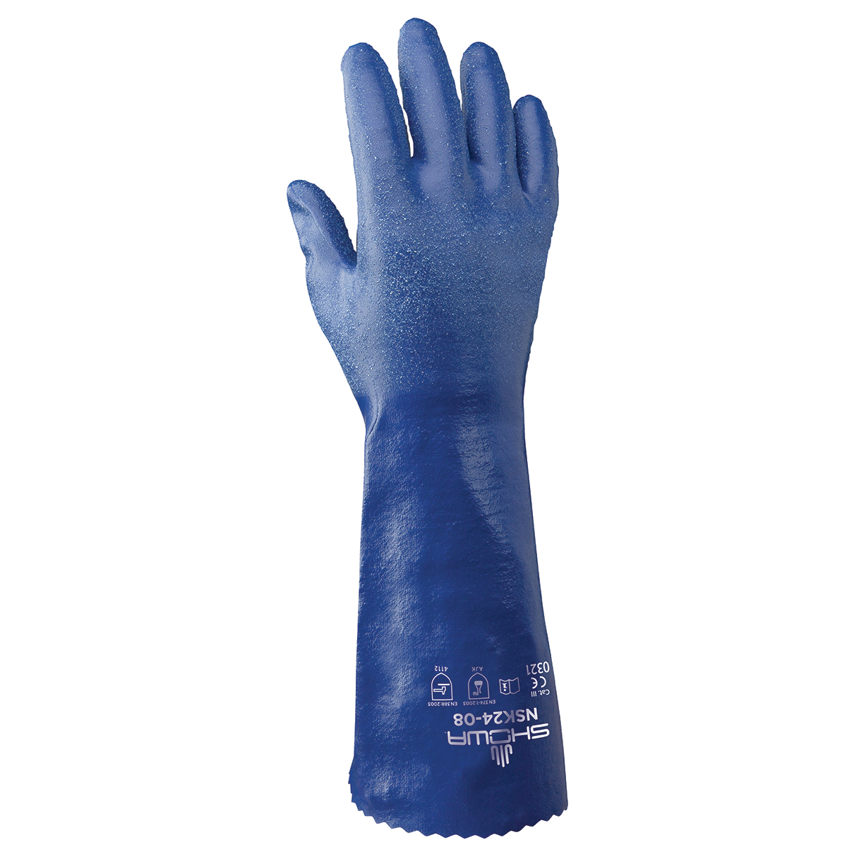 Chemical resistant nitrile, fully coated 14" gauntlet, royal blue, rough finish, interlock liner, medium
