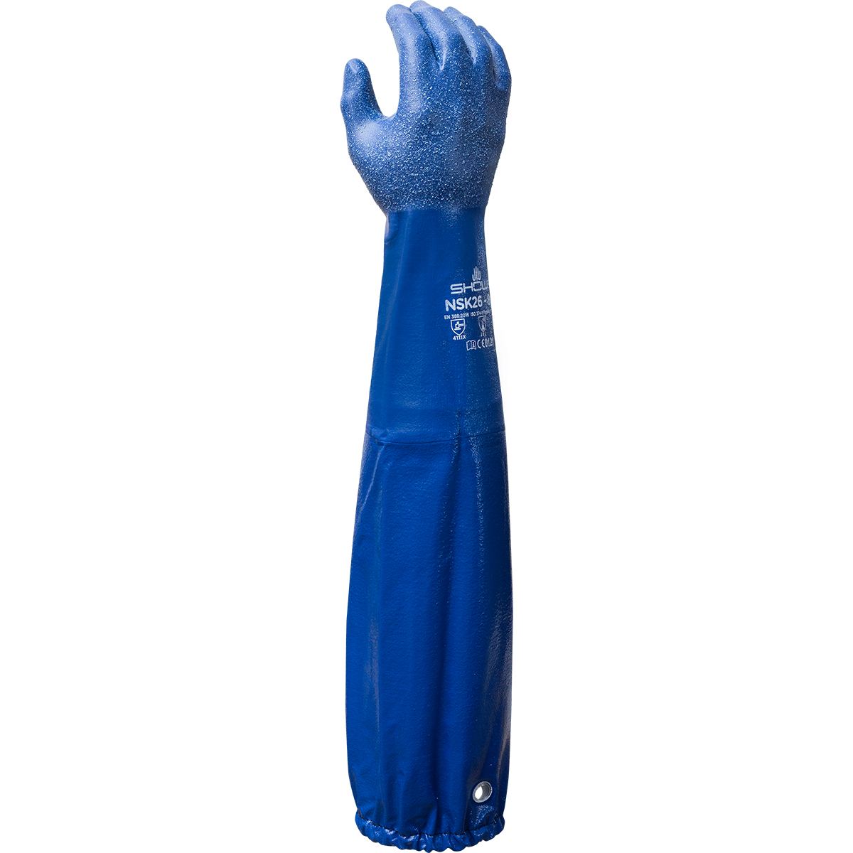 Chemical resistant nitrile, fully coated 26" extended gauntlet, royal blue, rough finish, cotton interlock liner, large